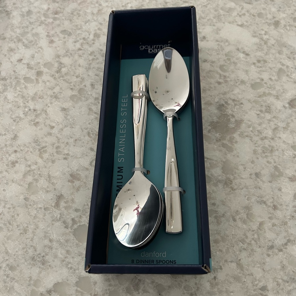 “New” Mikasa Silver Stainless Steel Dinner Spoons (Set of 8)